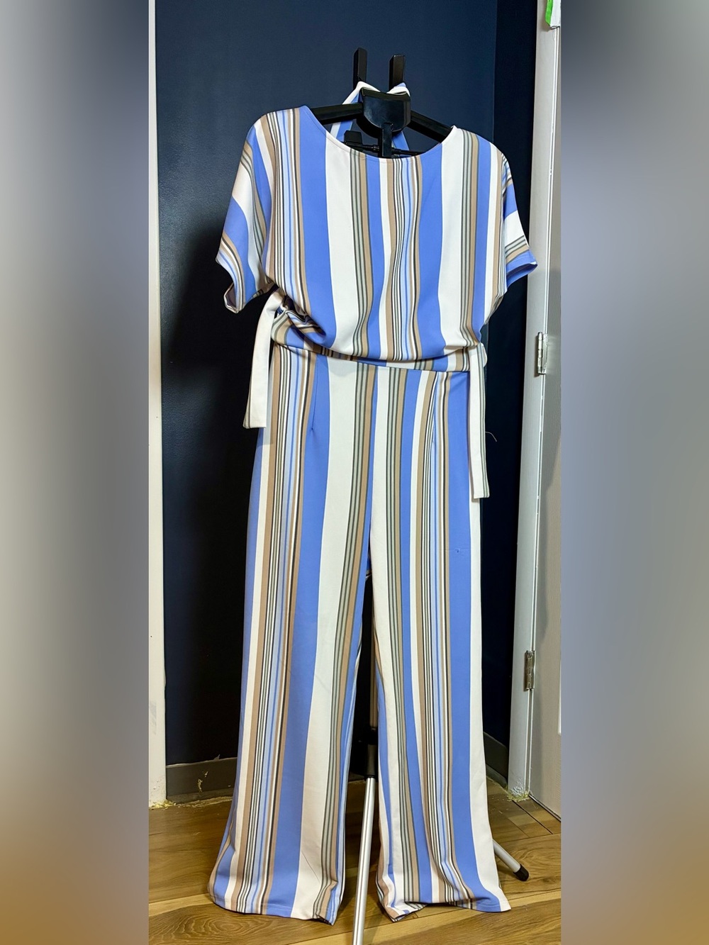 Striped Wide-Leg Jumpsuit in Blue, White & Tan